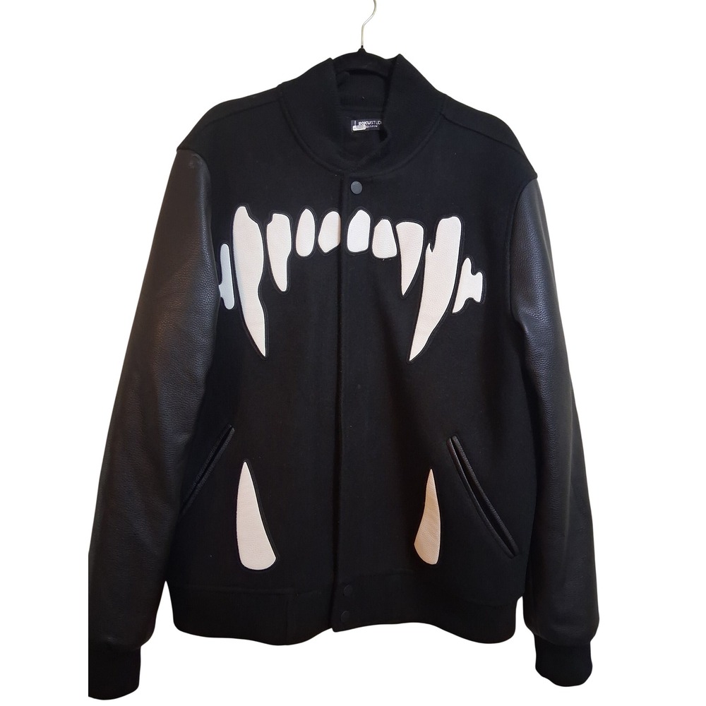 Focus Studio Mens Vampire Teeth Varsity Jacket Black Faux Leather Bone Sleeves